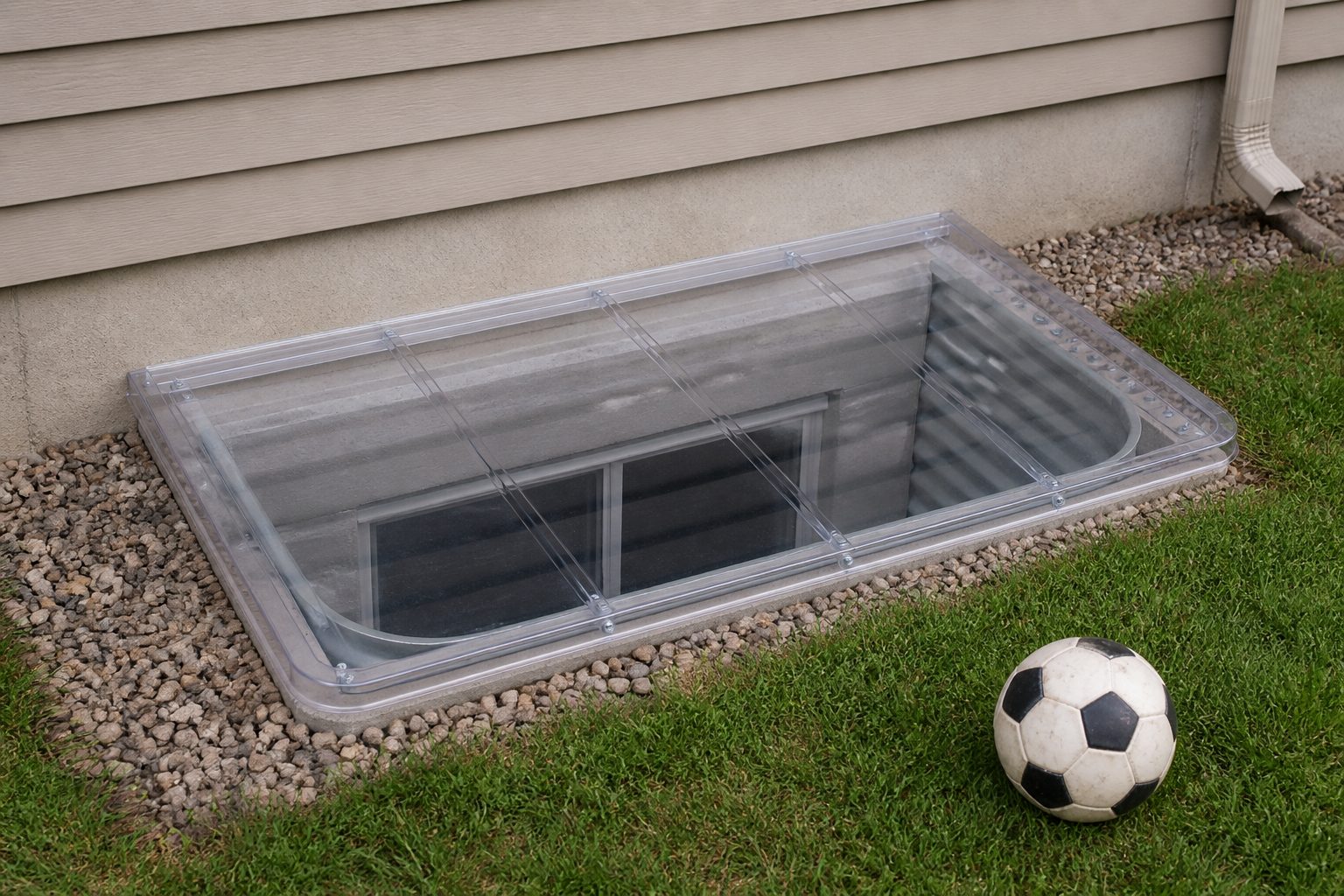 Clear ribbed window well cover on a lawn, with a soccer ball beside it for scale.