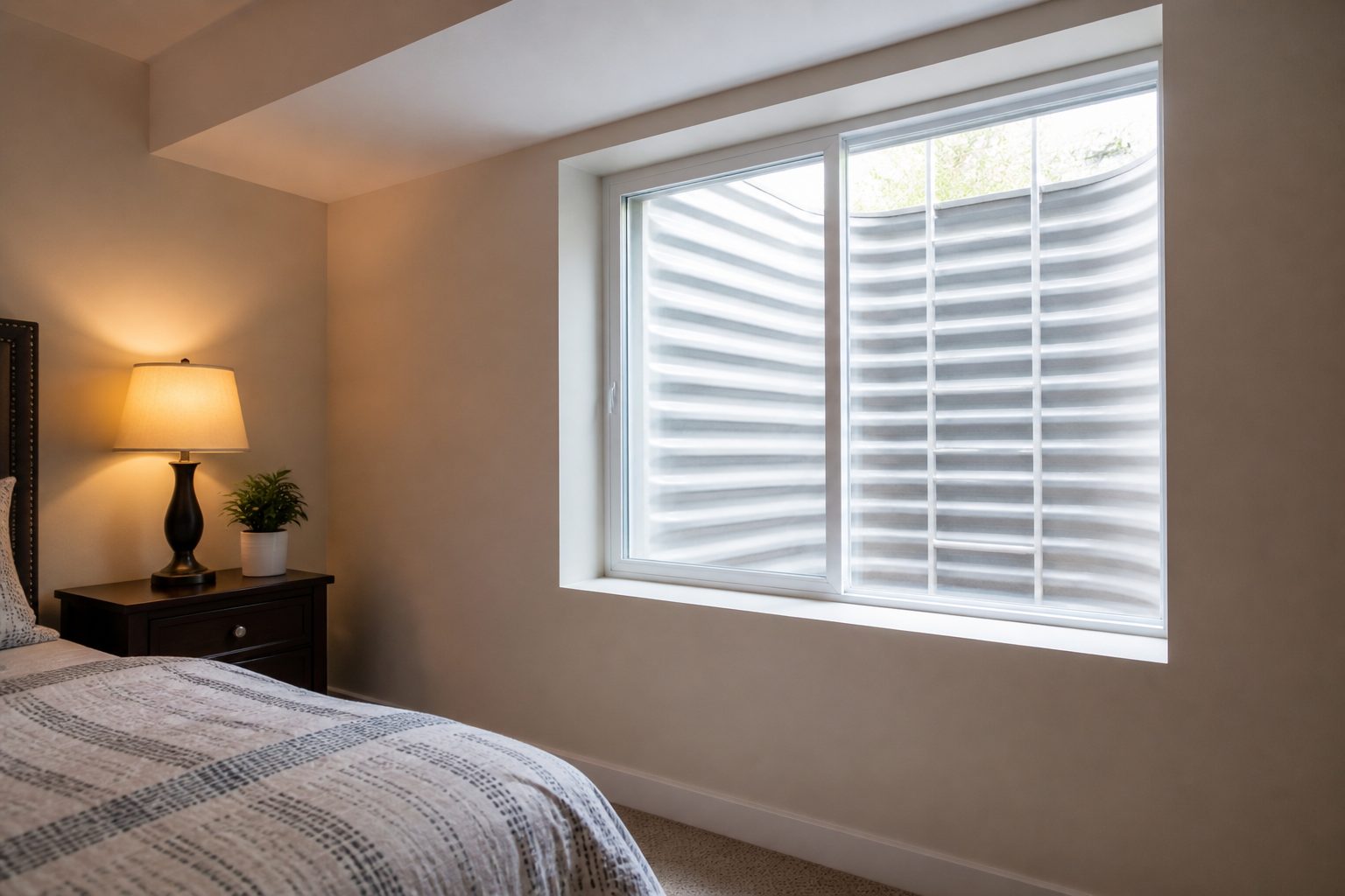 Finished basement bedroom looking out through a window to a well with a ladder.