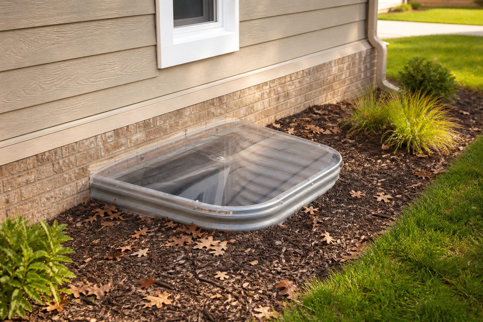 Clear custom window well cover fitted to a corrugated well on a suburban brick foundation.