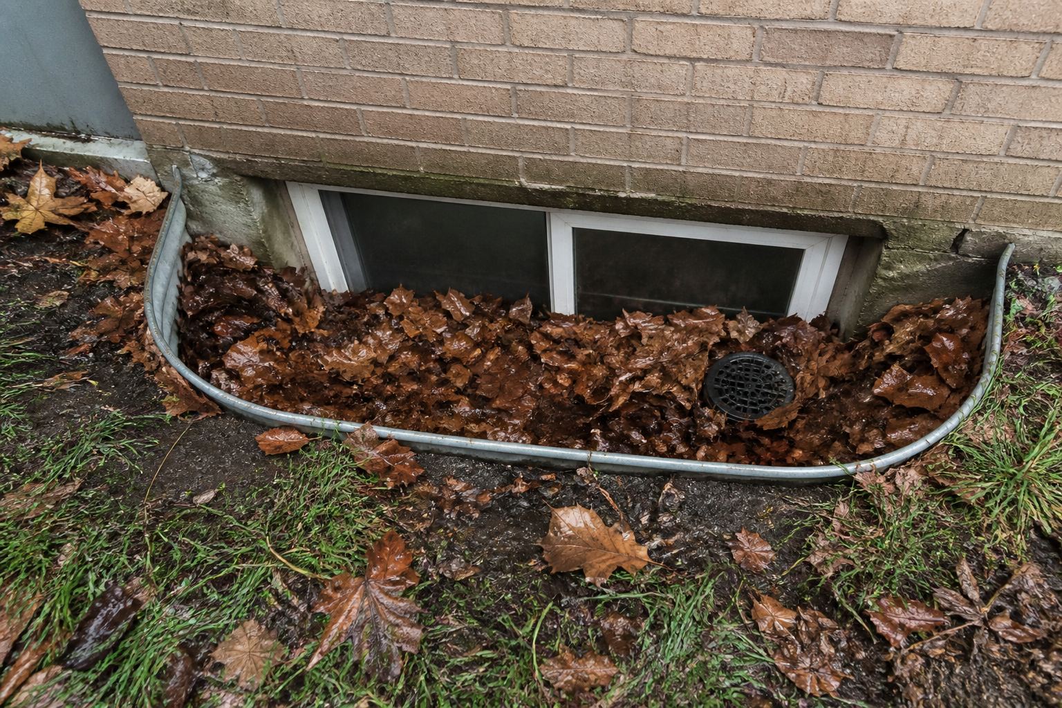 Corrugated window well packed with wet, decaying leaves against a basement window.