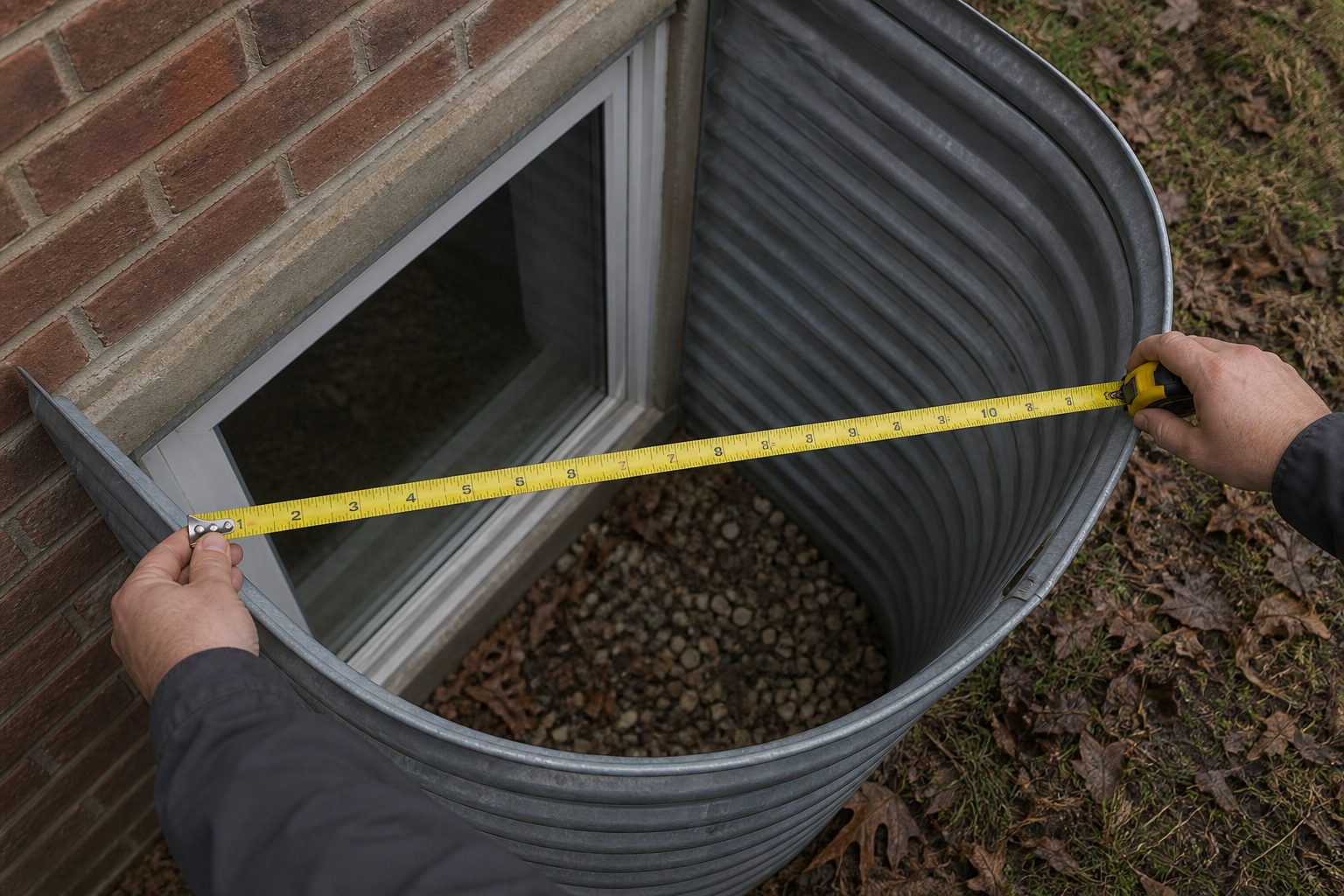 Yellow tape measure stretched across a corrugated window well.