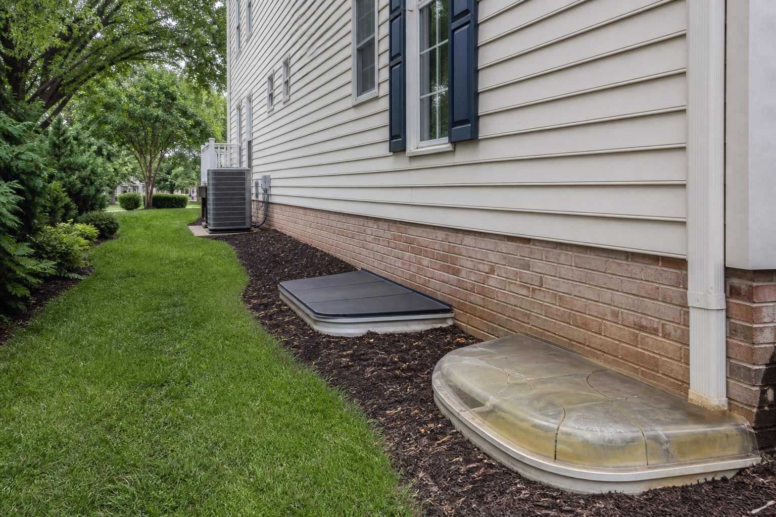 Two window wells on the same house side: one with a better-fitting cover, one with a cheap yellowed lid.
